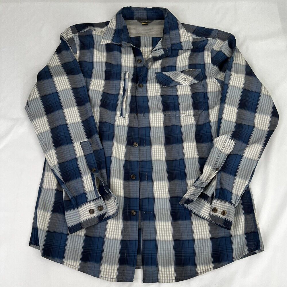 Eddie Bauer Hiking/Fishing Shirt Mens Medium Blue Plaid Button Up Long Sleeve